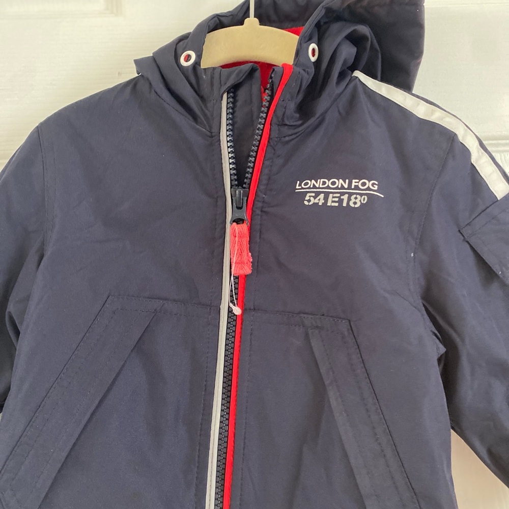 London Fog Kids Dark Blue Raincoat with Red Accents